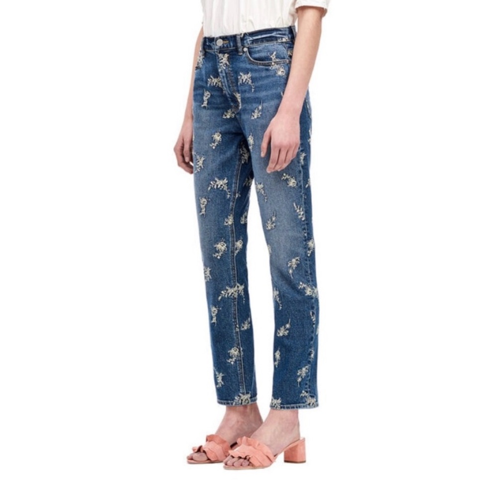 Le Vie Rebecca Taylor Floral Embroidered Ankle Straight Leg Jeans
